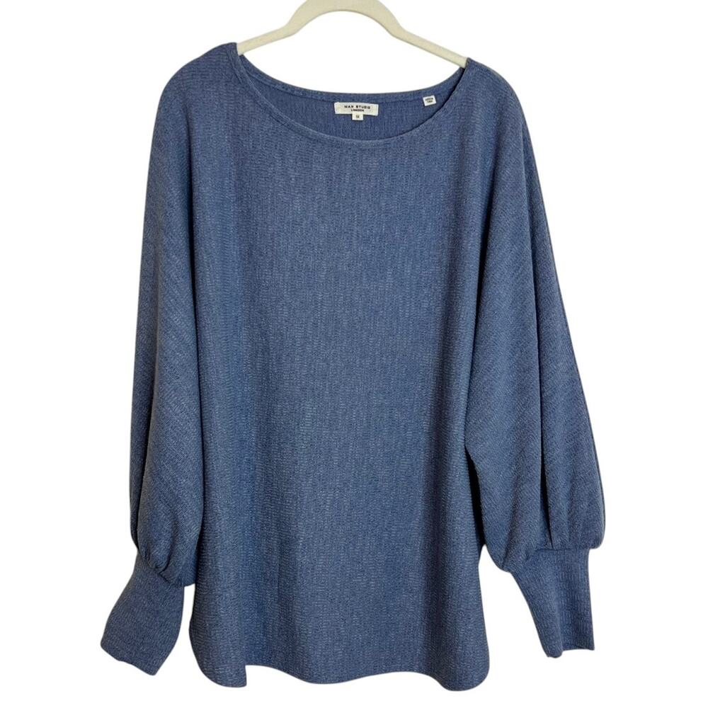 Max Studio London Womens Knit Top Balloon Sleeves 1X Blue Textured Knit